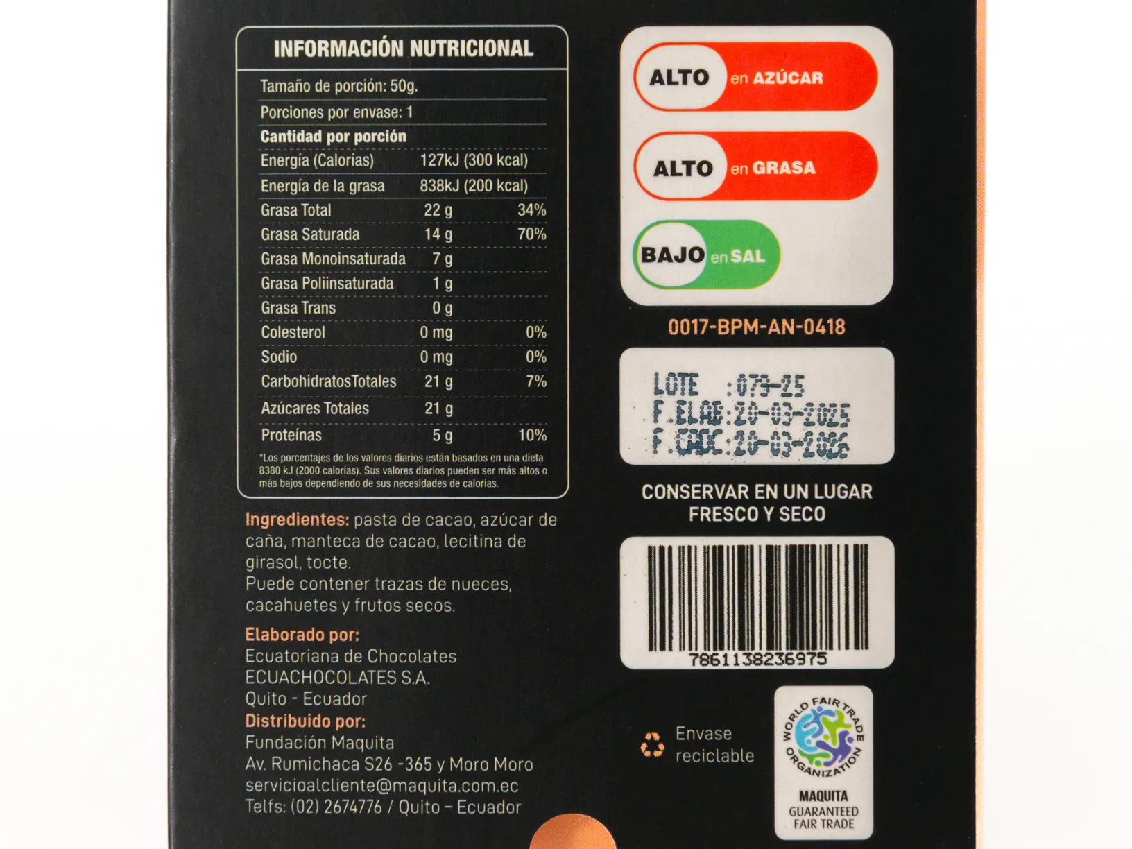 Chocolate 70% con Tocte Andino MAQUITA ALIMENTA EL CAMBIO 50G - Image 4